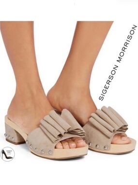 Sigerson Morrison beige suede Aida bow stud clog sandals Wooden Platform Mules